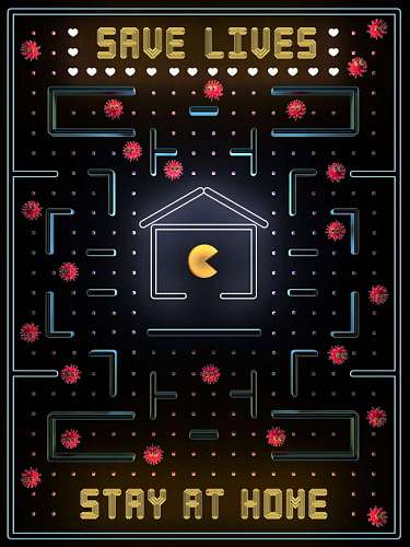 afiche de persuasión para quedarse en casa con temática de pac-man