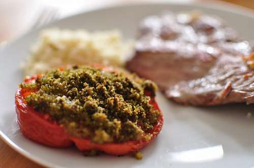 vista de frente comida, plato, vista de frente, carne, tomate, rel