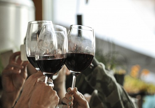 brindis Grupo de amigos brindando por año nuevo 2018 con copas de vino