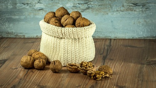 cosecha Nueces en bolsa tejida 