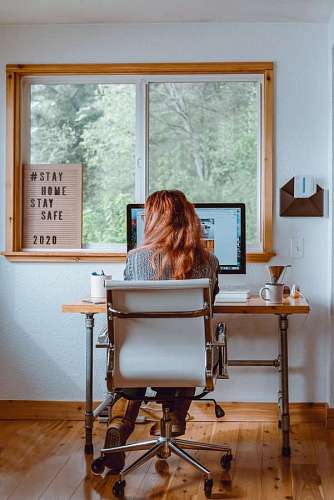 educacion vista desde atras de una mujer pelirroja usando su computadora en el escritorio