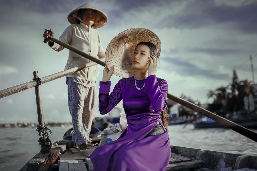 rio, japon, gondola, gente, hombre, mujer, transporte, sombrero, asiatico, asia, gondola