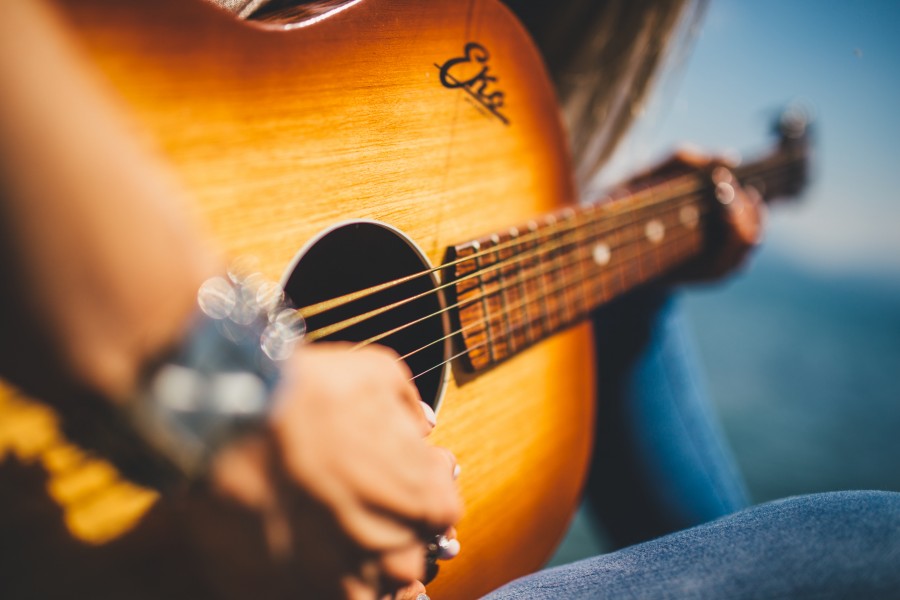 guitarra, musica, instrumento, cuerdas, manos