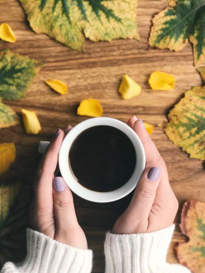Taza, Café, Té, Mano, Explotación, Taza, Bebida, Hojas, Hoja, Tabla, Otoño, Caída, Uñas