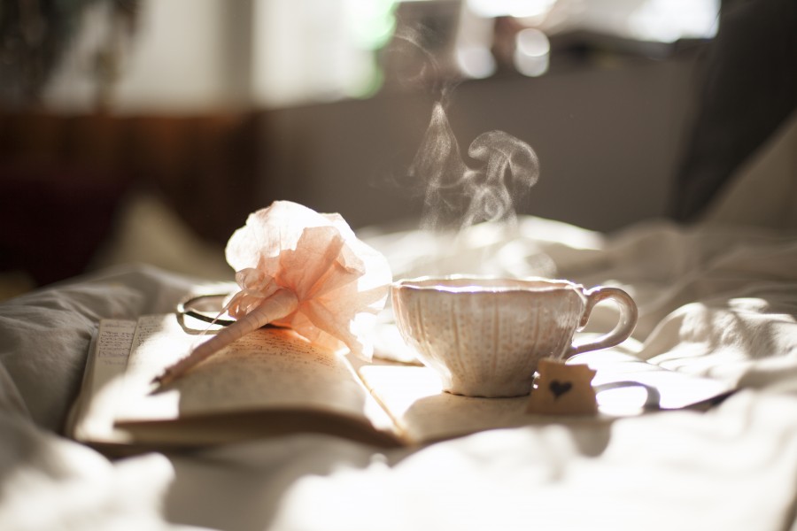 taza de te, libro, diario, caliente, cronica, cama, mañana, temprano, desayuno, 