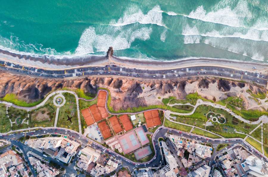 Paisaje urbano, Drone Pov, Lima, Perú, Océano Pacífico, Vista aérea, Avenida, Costa, Costa, Playa, Miraflores, Ciudad, CItyscape, América Latina,

