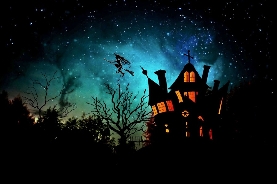 ilustracion, bruja, casa, embrujado, embrujada, halloween, noche, misterio, magia, escoba, voladora, volar,