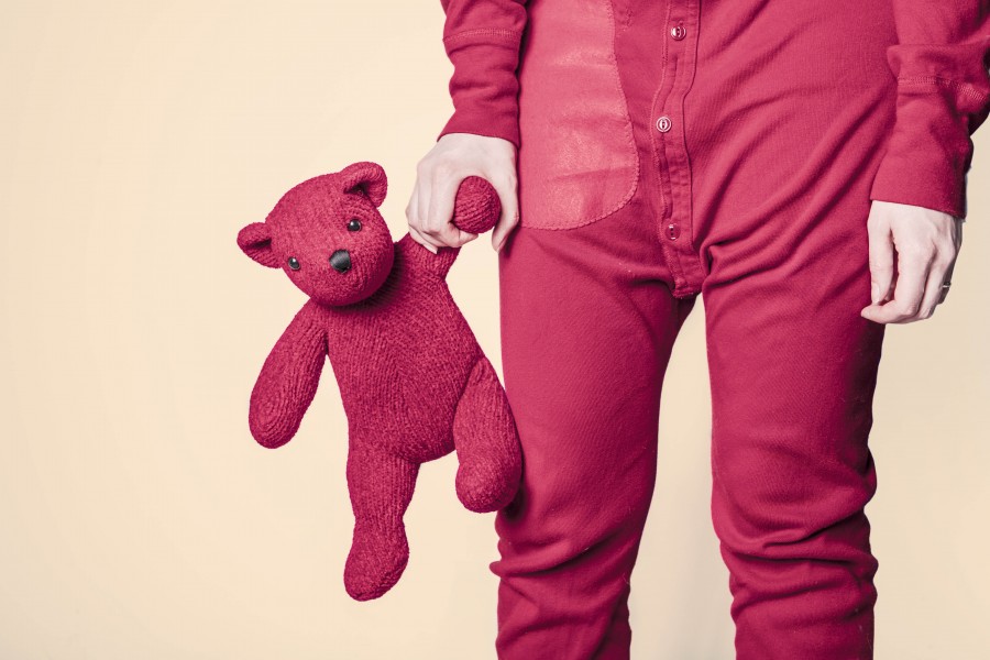 pijama, rojo, oso, peluche, adulto, divertido, gracioso, concepto, sueño, disfraz, niñez, 
