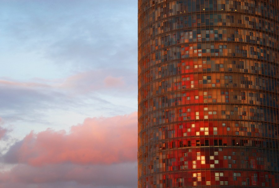 edificio, arquitectura, rojo, atardecer, dia, moderno, espejado, 