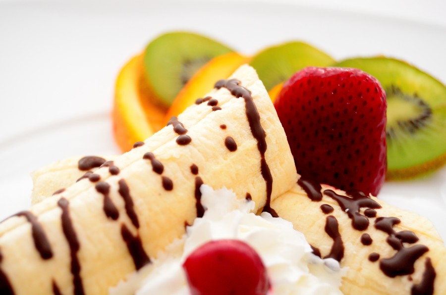 postre, banana, chocolate, dulce, frutas, frutal, frutilla, fondo blanco, comidas, 
