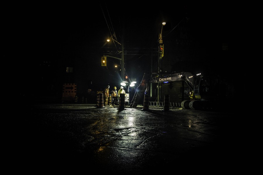trabajo, trabajar, trabajadores, hombre, hombre, gente, obrero, obreros, urbano, noche, exterior, calle, 
