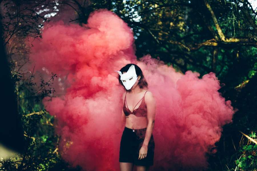 Humo, Máscara, Bosque, Naturaleza, Mujer, Zorro, Lobo, Sujetador, Humo Rojo, Rosa, Chica, Diablo, Abstracto