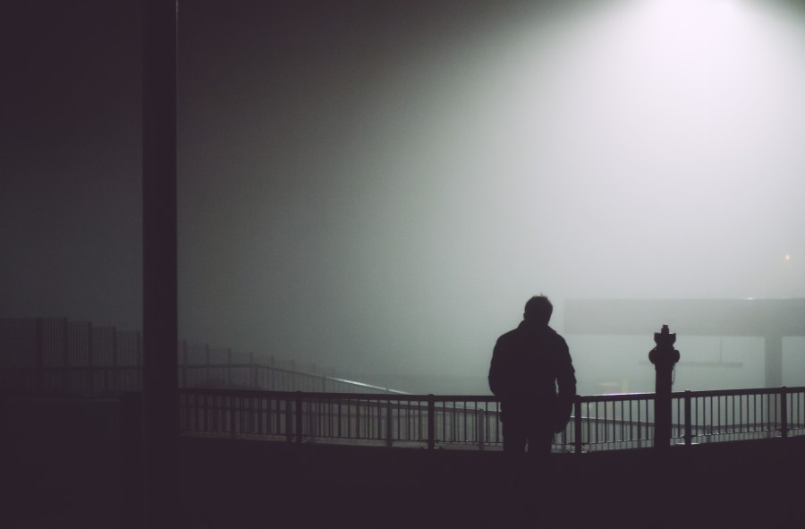 hombre, niebla, noche, misterio, adulto, exterior, nocturno, 