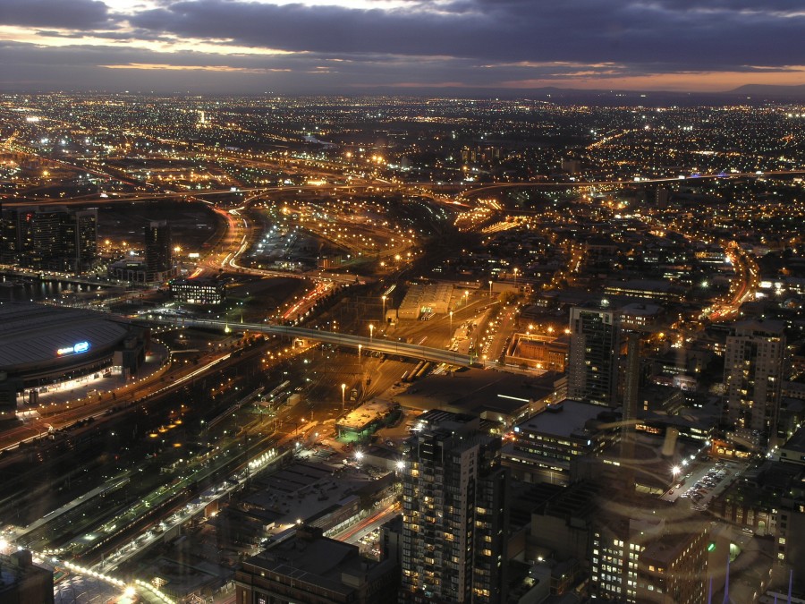 Melbourne, australia, noche, ciudad, vista aerea, paisaje urbano, 