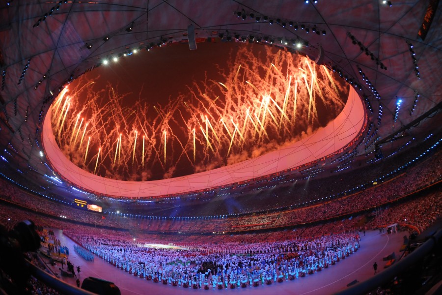 estadio, olimpiadas, olimpico, ceremonia, fuegos artificiales, beijing, china, celebracion, deportes, deportivo, 
