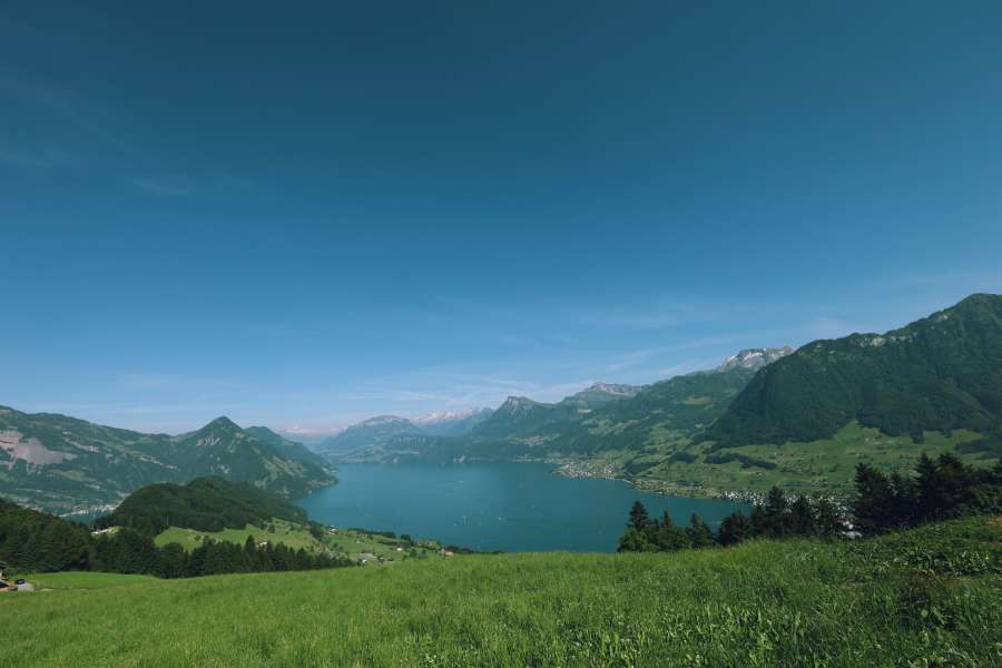 hierba, verde, lago, paisaje, montaña, montañas, naturaleza, suizo, Suiza