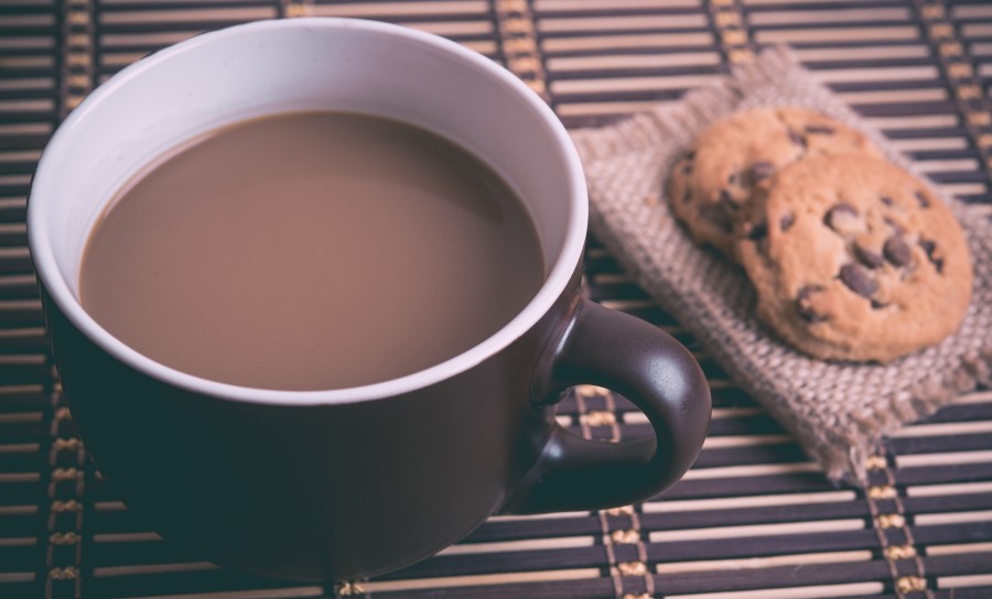 Cafe con leche, taza, desayuno, bebida, caliente, galleta, galletas, dulce, comidas, 