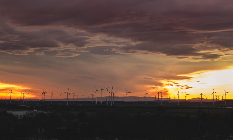 Turbina eolica, campo, electricidad, atardecer, energia, renovable, concepto, viento, 