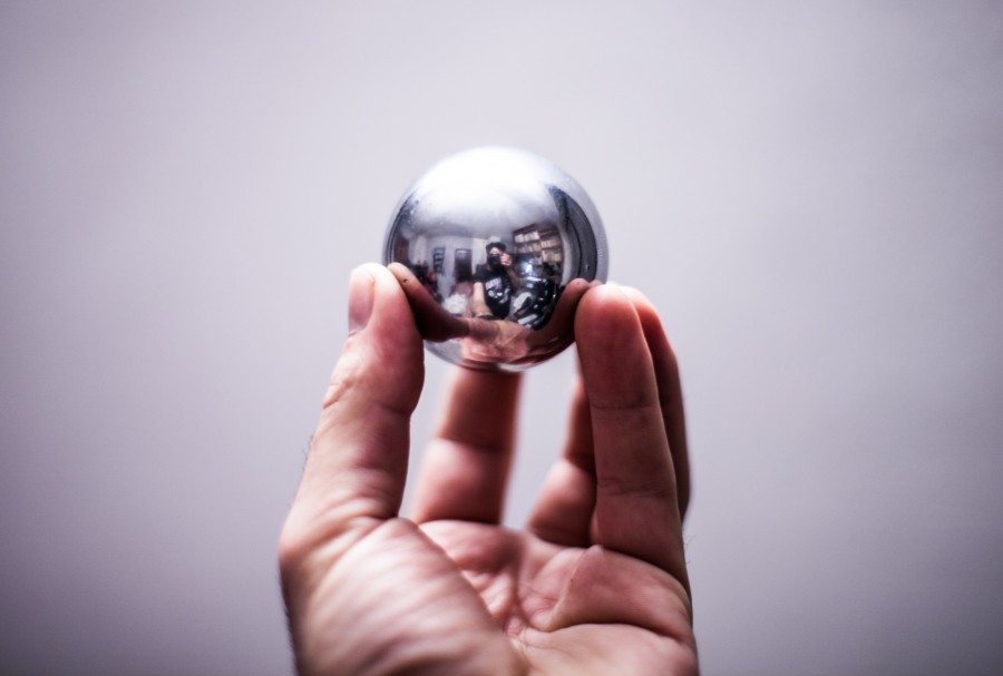concepto, bola, metales, manos, redondo, esfera, metalico, reflejo, moderno, pelota, 