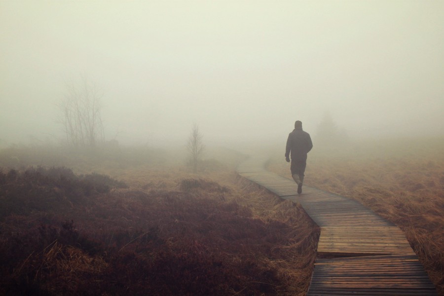 una persona, hombre, correr, running, deportes, niebla, temprano, mañana, amanecer, neblina, campo, aire libre, actividad, salud, 