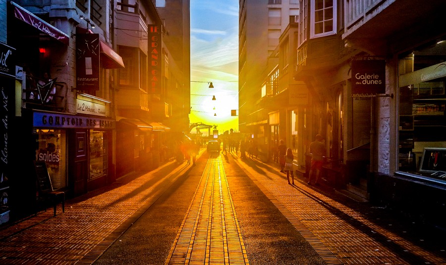 ciudad, atardecer, calle, puesta de sol, efecto, dia, paisaje, urbano, comercios, negocios, 