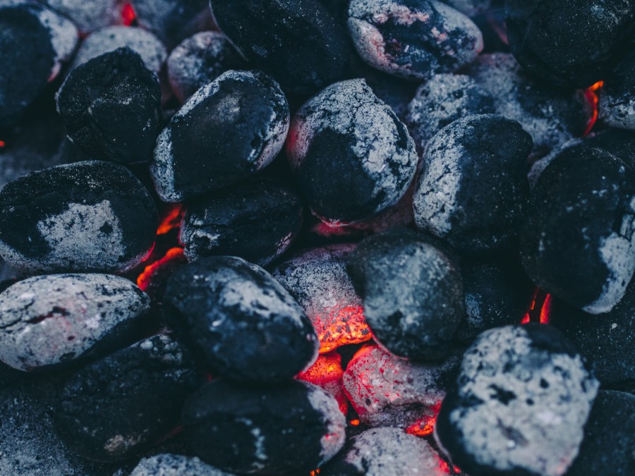 carbon, brazas, fuego, encendido, cocinar, calor, primer plano, 