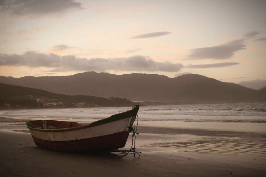 Lonely, barco, Garopaba, Playa, puesta de sol, Santa Catarina, Brasil, Paisaje, Anochecer,