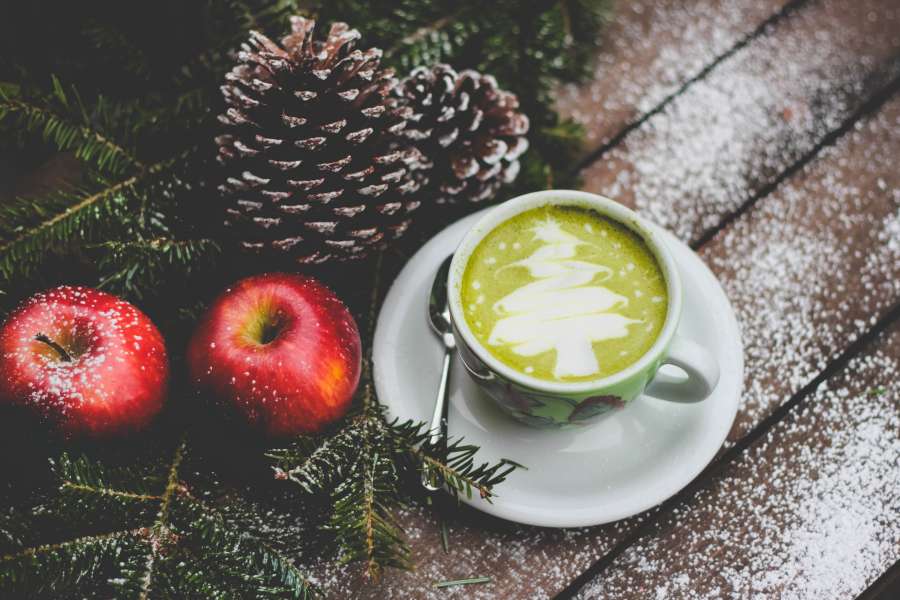 cafe, taza, navidad, verde, arbol, pino, pia, manzana, arte, dibujo, 