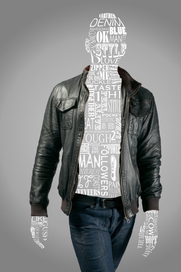 casual, diseño, vaqueros, cuero, varón, hombre, impresion, estilo, palabras, moda, concepto, campera, chaqueta,