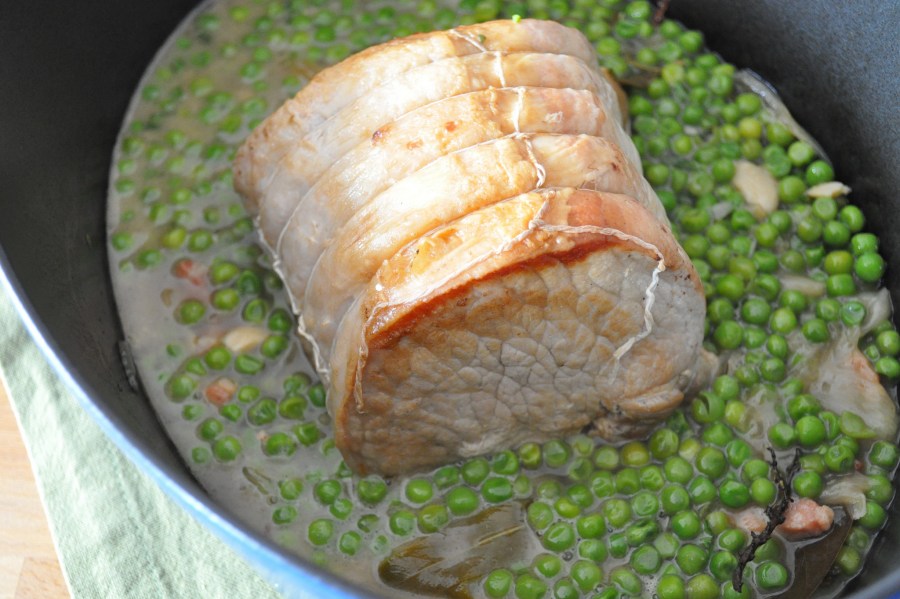 comidas, plato, gourmet, carne, cerdo, lomo, arveja, arvejas, cacerola, olla, cocinar, cocina, fuente, alimento, 