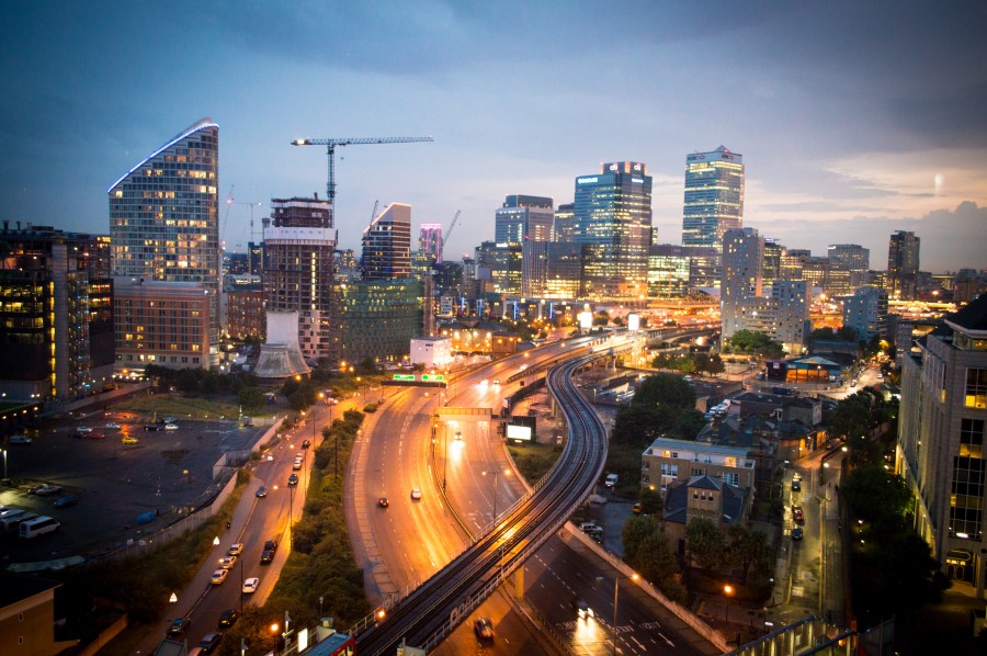 ciudad, noche, edificios, paisaje urbano, autopista, noche, 
