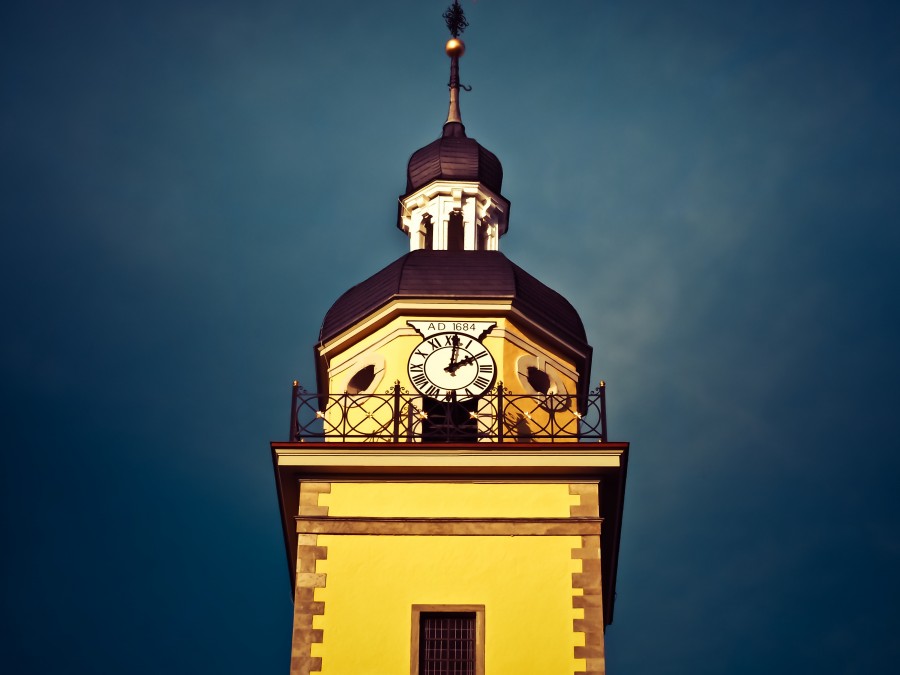 iglesia, aguja, torre del reloj, edificio, cielo, arquitectura, abendstimmung, el casco antiguo, Düsseldorf, edad, ciudad, urbano, europa, noche, alemania,