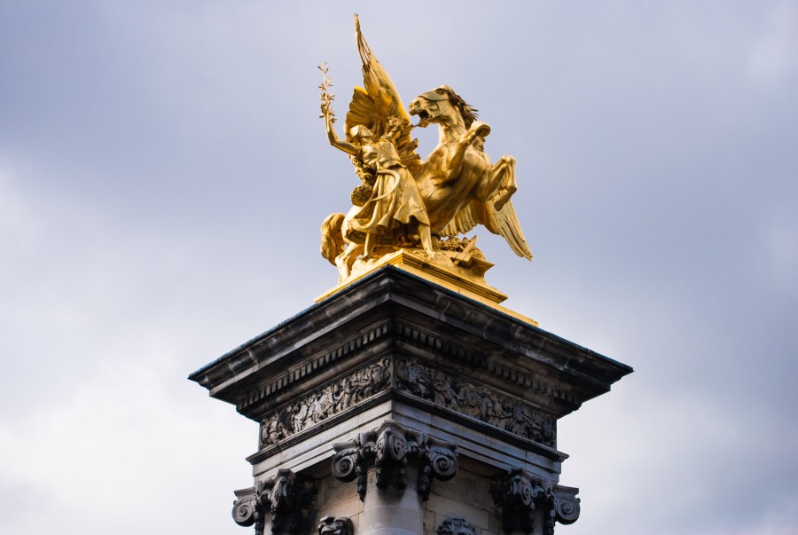 Paris, Francia, Estatua, Puente Alejandro III, bronce, oro, caballo, alado, Puente, Sena, Arquitectura, Monumento, Dorado, Beaux Arts