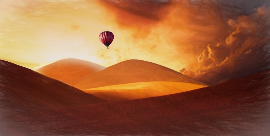 pintura, ilustracion, desierto, viaje, globo, nadie, volar, volando, duna, dunas, 