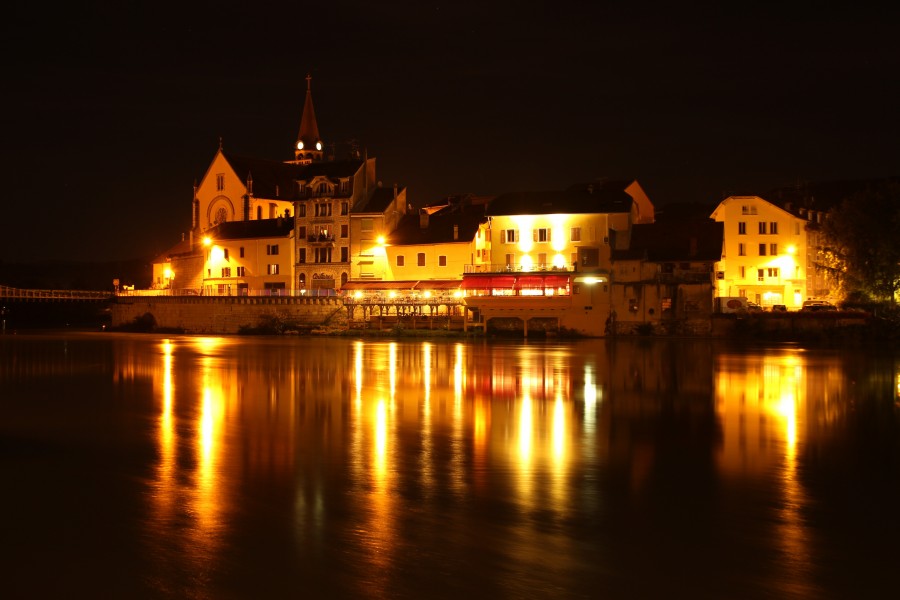 seyssel, francia, ródano, anochecer, noche, oscuridad, luces, iluminado, paisaje, reflejo, Cantón de Seyssel, paisaje
