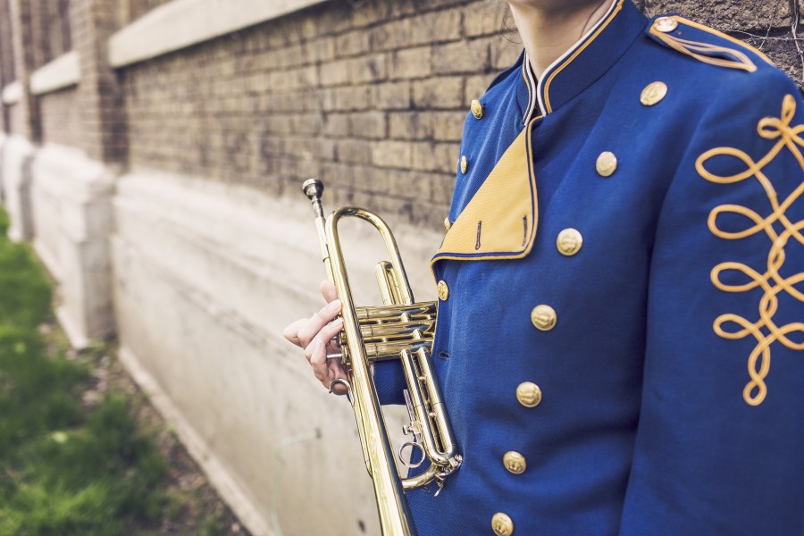 trompeta, musico, hombre, trompetista, banda, musical, vestimenta, traje, uniforme, 