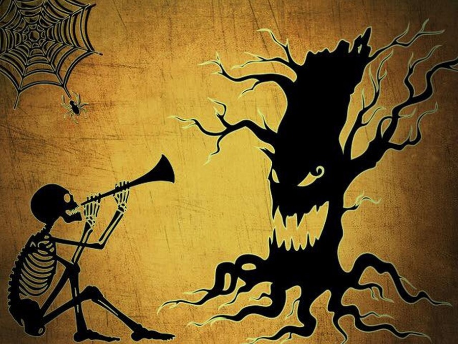 terror, escena, casa, embrujada, Halloween, ilustracion, la muerte, parka, esqueleto, 