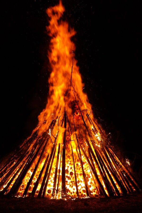 fogata, fuego, pila, nadie, madera, noche, 