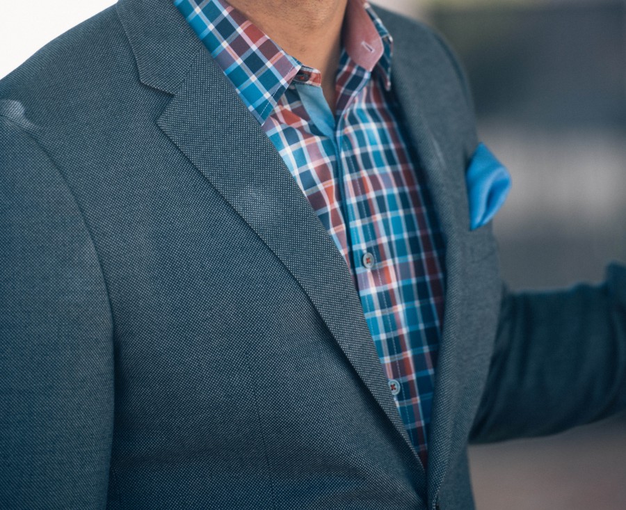 azul, casual, cheque, detalle, chaqueta, hombre, tela escocesa, bolsillo, pañuelo de bolsillo, camisa, elegante, estilo, moda, 