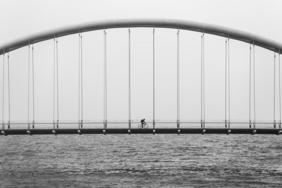 arquitectura, puente, urbano, paisaje, perspectiva, blanco y negro, ciclismo, bicileta, una persona,  hombre, 