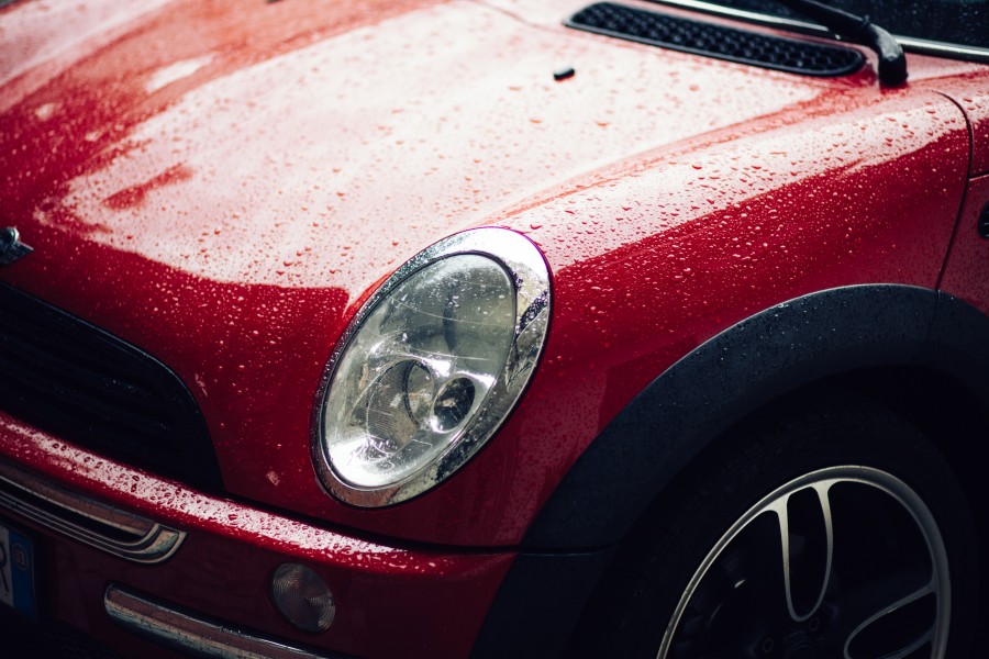 mini cooper, auto, rojo, lluvia, mojado, coche, carro, transporte, 