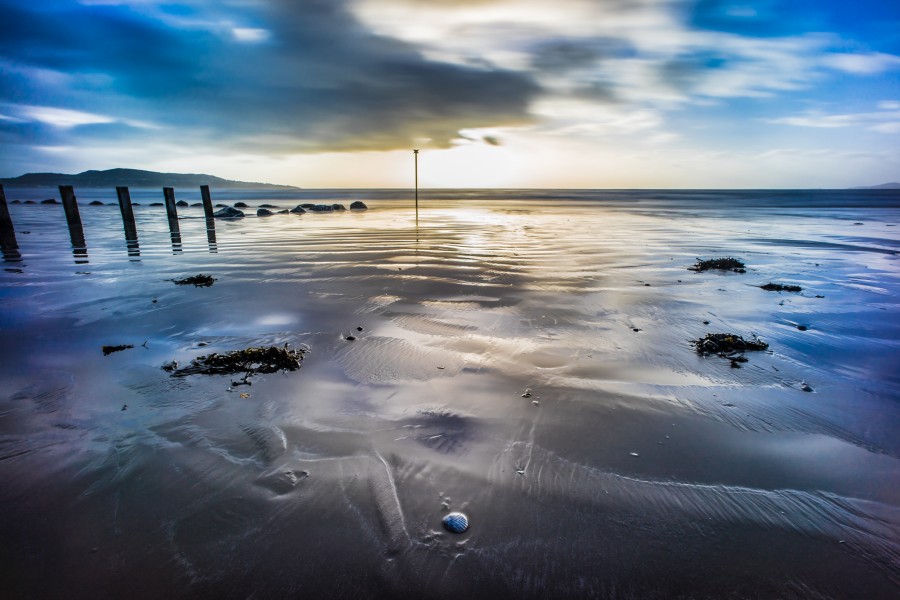 beach, blue, bull, by the sea, clontarf, clouds, dawn, dublin, ireland, island, landscape, long exposure, orange, rocks, sand, sea, sky, sunrise, weather, wideangle, yellow, europe,