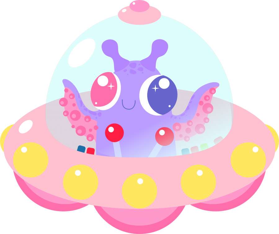 ovni, platillo, volador, alien, extraterrestre, marciano, espacio, universo, estrella, estrellas, rosa, pink, violeta, lila, amarillo, lindo, bonito, kawaii, cielo, color, colores, mágico, nebulosa, noche, planetas, años, luz, antenas, ojos, grandes, fondos de pantalla kawaii